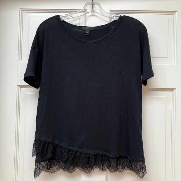J. Crew Short Sleeve Black Tee with lace hem Size XS - Picture 1 of 7